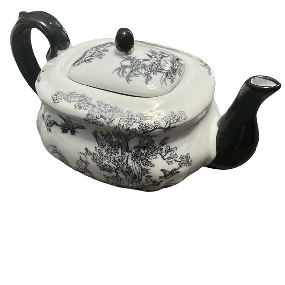 Asian Inspired Teapot, BLACK AND WHITE TEAPOT with Birds, chickens & rabbits - Picture 2 of 6